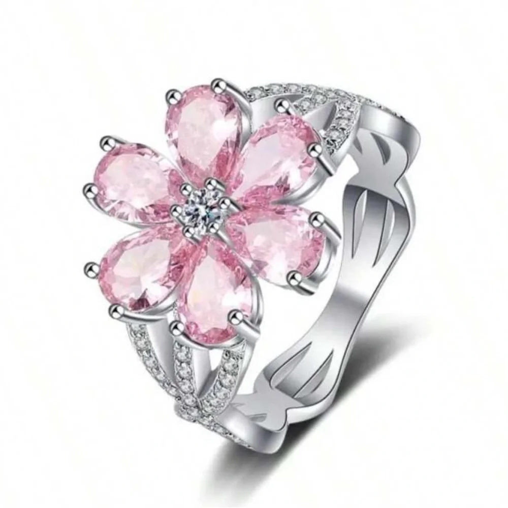 Sakura - Cherry Blossom  Pink Ring Size 10 in Silver  Color